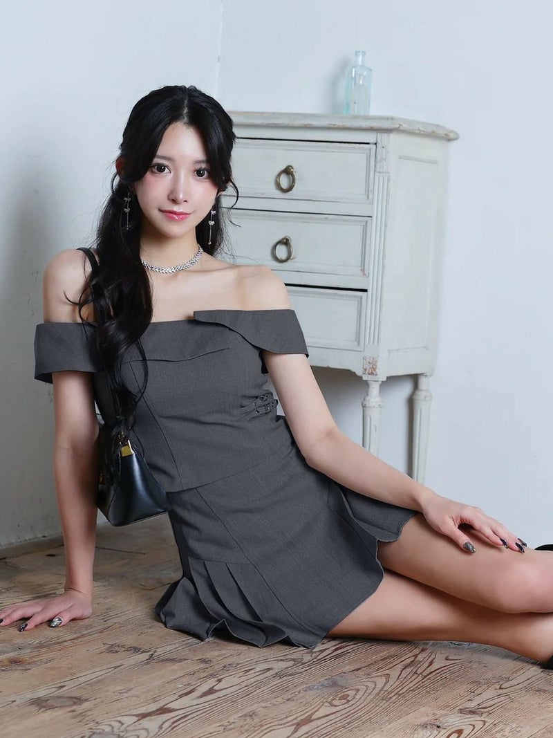 AngelR エンジェルアール オフショルダーレイヤードデザインプリーツセパレートAラインフレアマイクロミニドレス ar26207