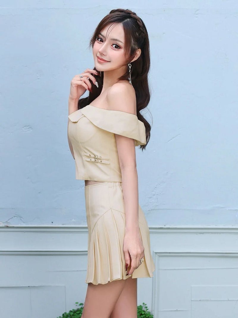 AngelR エンジェルアール オフショルダーレイヤードデザインプリーツセパレートAラインフレアマイクロミニドレス ar26207