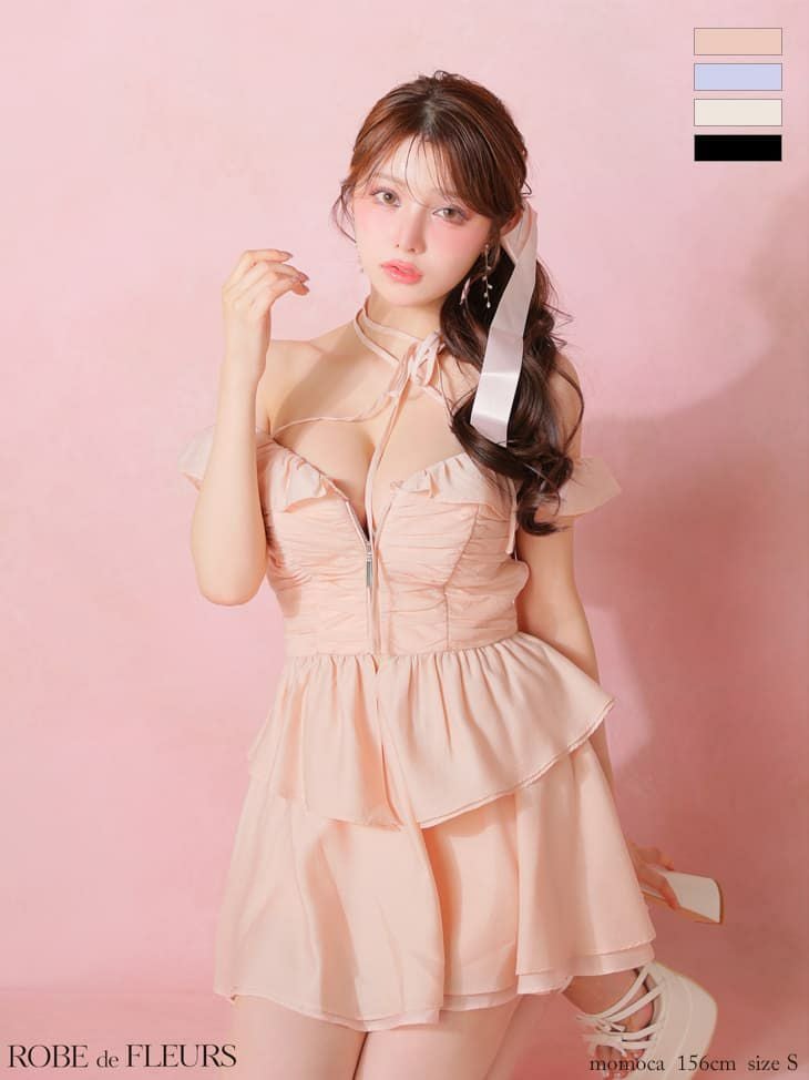 ROBE de FLEURS ローブドフルール 【XSサイズあり】フリルオフショルリボンミニセットアップキャバドレス fm3484-c