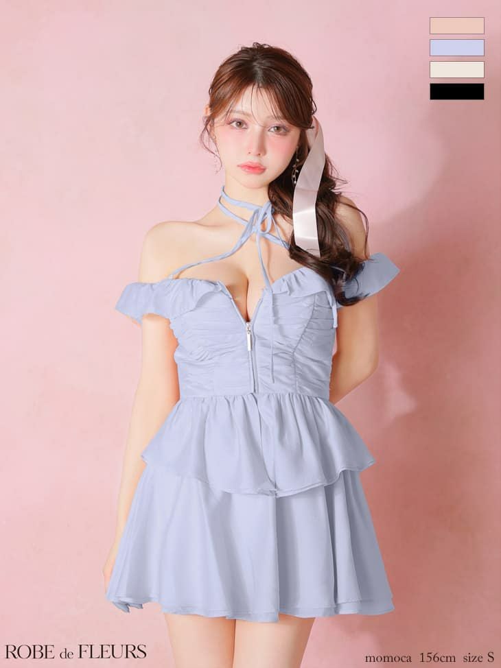 ROBE de FLEURS ローブドフルール 【XSサイズあり】フリルオフショルリボンミニセットアップキャバドレス fm3484-c