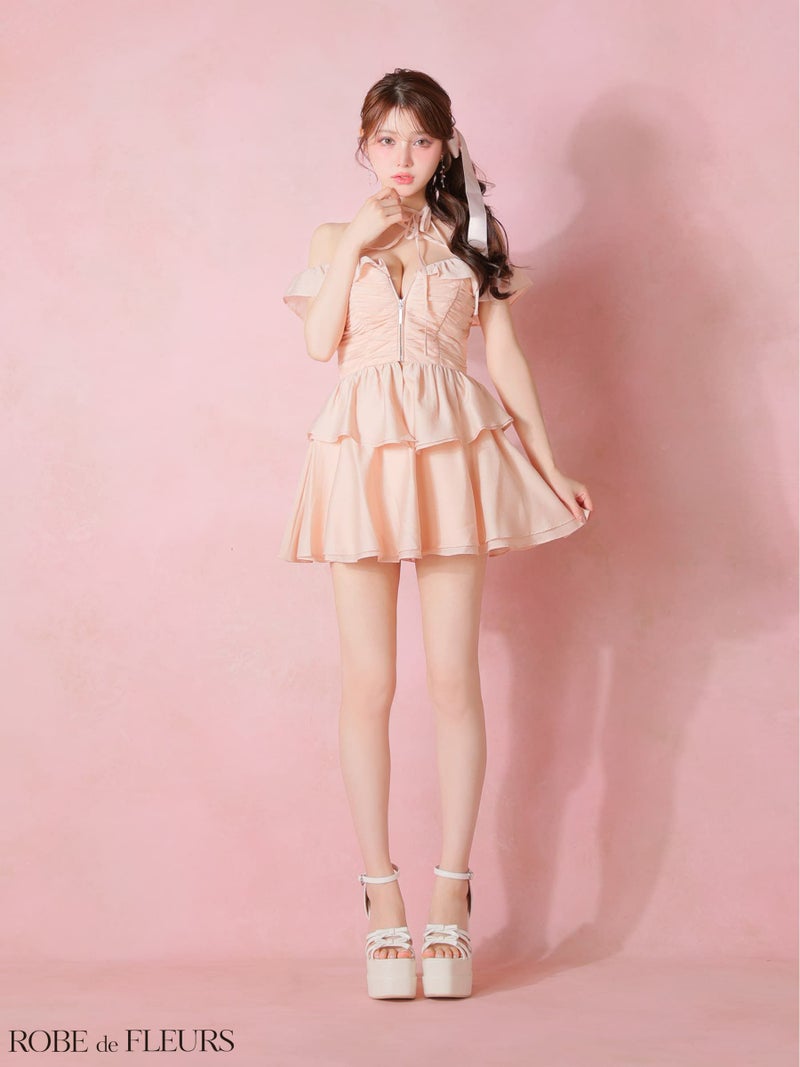 ROBE de FLEURS ローブドフルール 【XSサイズあり】フリルオフショルリボンミニセットアップキャバドレス fm3484-c