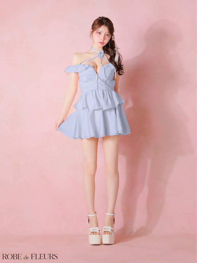 ROBE de FLEURS ローブドフルール 【XSサイズあり】フリルオフショルリボンミニセットアップキャバドレス fm3484-c