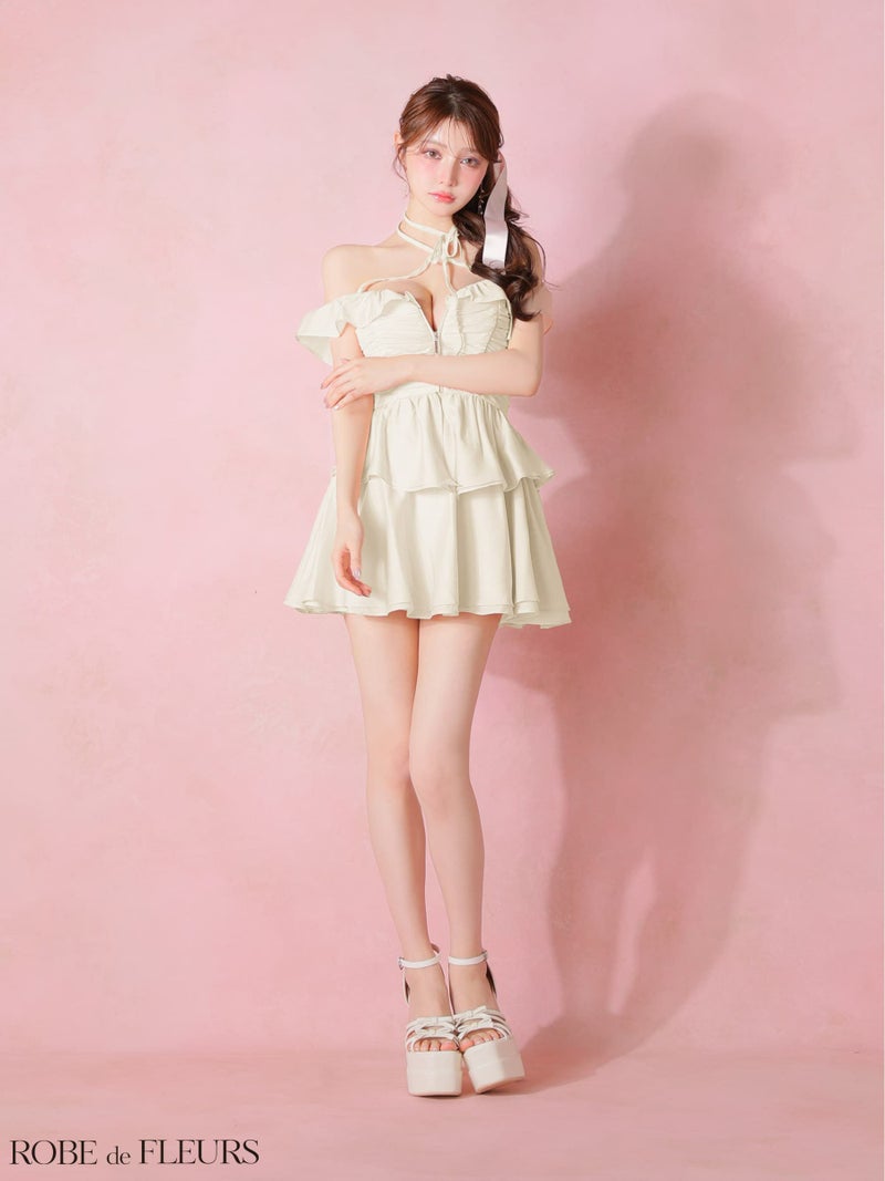 ROBE de FLEURS ローブドフルール 【XSサイズあり】フリルオフショルリボンミニセットアップキャバドレス fm3484-c