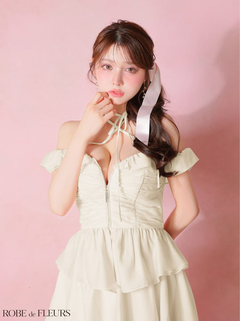 ROBE de FLEURS ローブドフルール 【XSサイズあり】フリルオフショルリボンミニセットアップキャバドレス fm3484-c