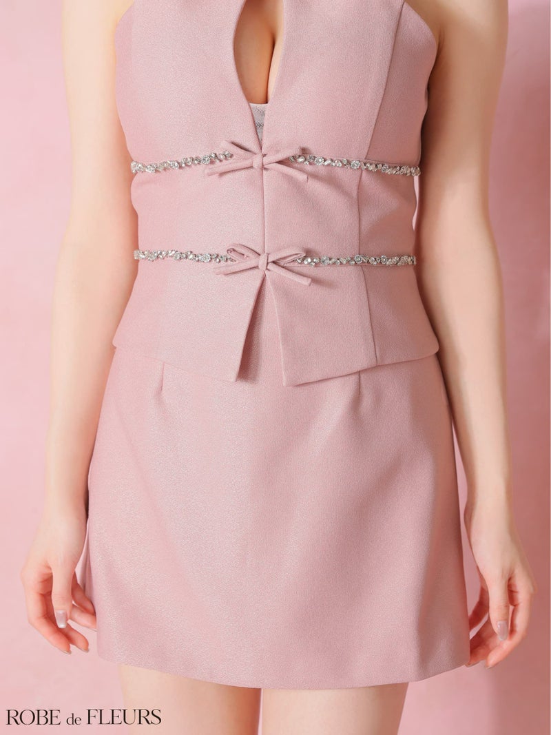 ROBE de FLEURS ローブドフルール 【XSサイズあり】ラメツイルビジューリボンホルターネックセットアップミニキャバドレス fm4343-c