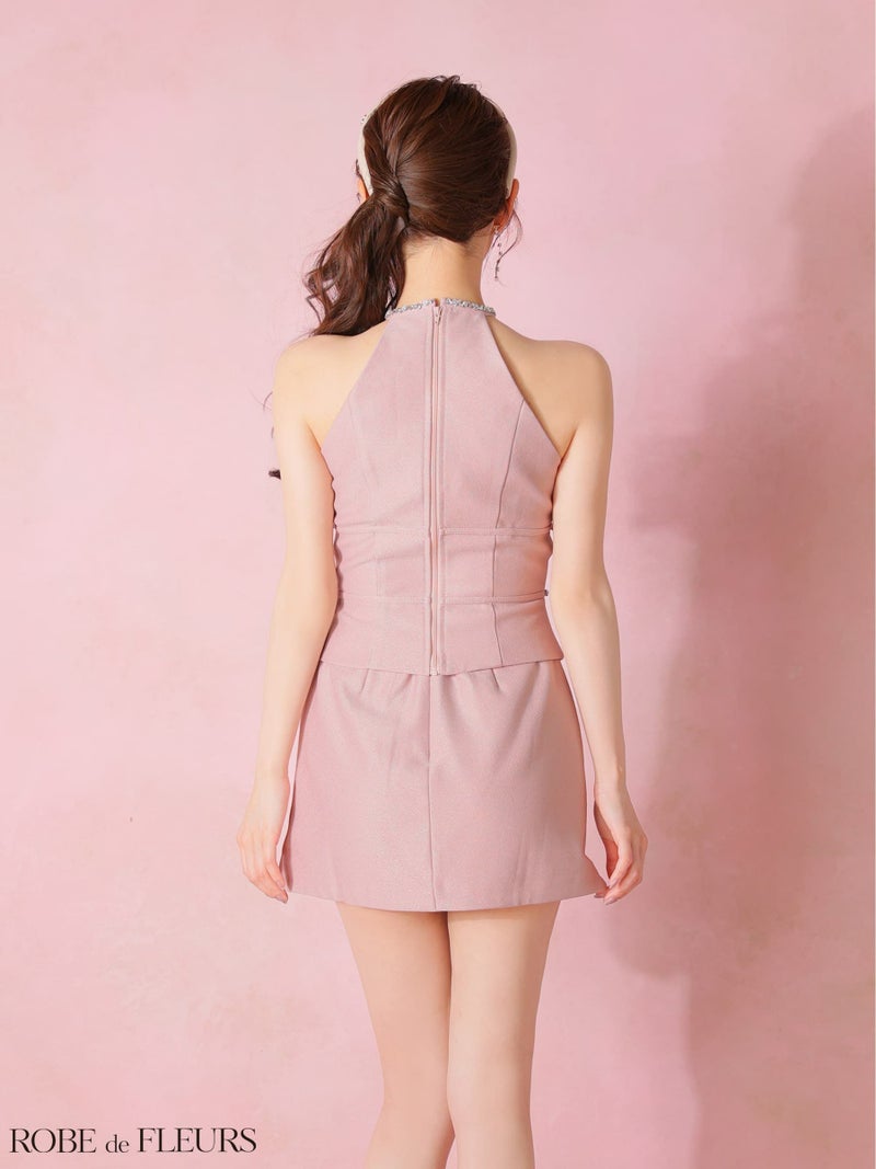 ROBE de FLEURS ローブドフルール 【XSサイズあり】ラメツイルビジューリボンホルターネックセットアップミニキャバドレス fm4343-c