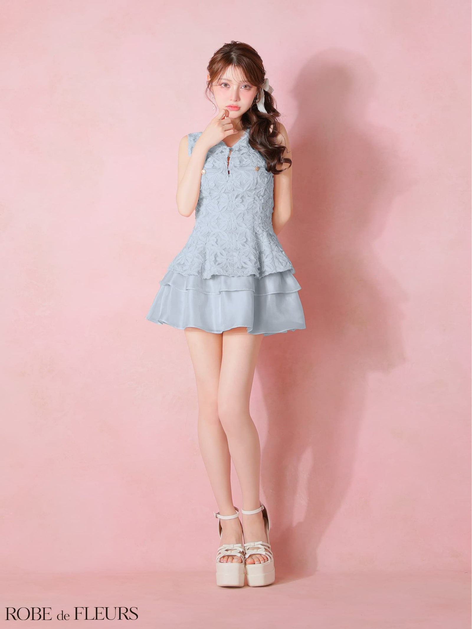 ROBE de FLEURS ローブドフルール 【XSサイズあり】フラワーレースティアードペプラムセットアップミニキャバドレス fm4327-c