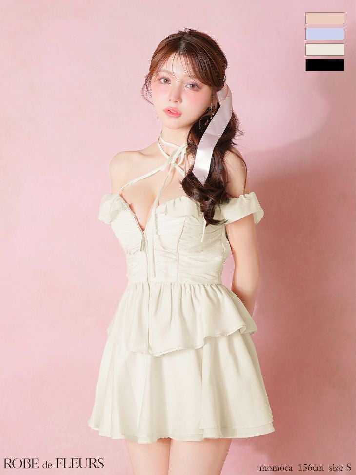 ROBE de FLEURS ローブドフルール 【XSサイズあり】フリルオフショルリボンミニセットアップキャバドレス fm3484