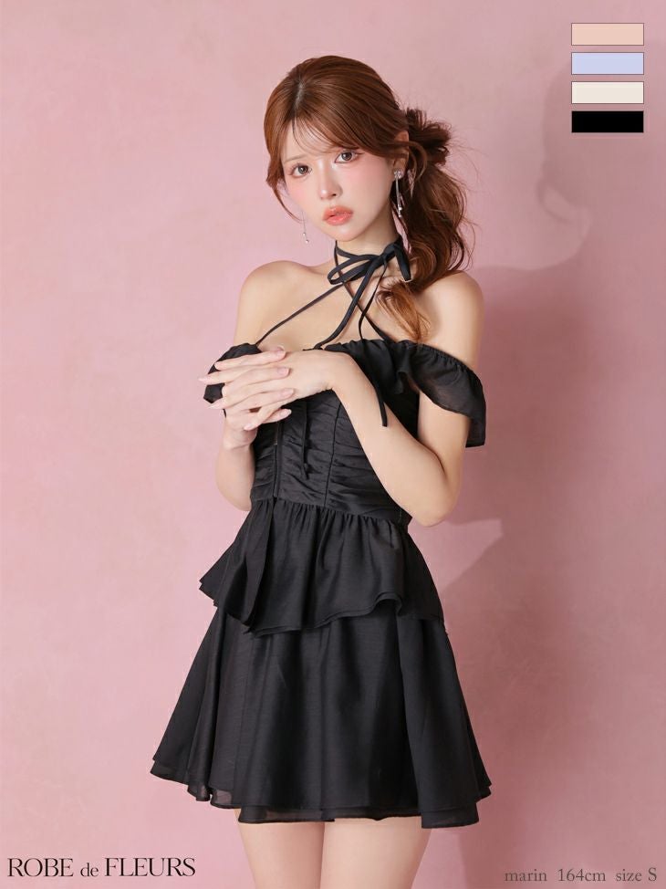 ROBE de FLEURS ローブドフルール 【XSサイズあり】フリルオフショルリボンミニセットアップキャバドレス fm3484