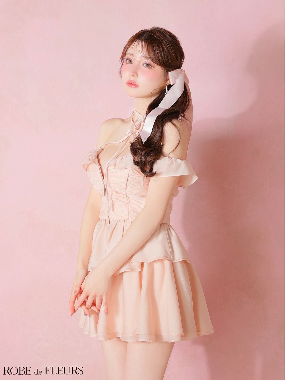 ROBE de FLEURS ローブドフルール 【XSサイズあり】フリルオフショルリボンミニセットアップキャバドレス fm3484
