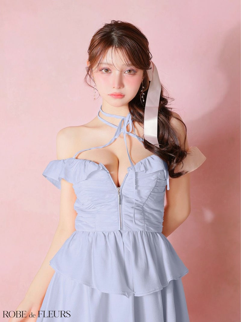 ROBE de FLEURS ローブドフルール 【XSサイズあり】フリルオフショルリボンミニセットアップキャバドレス fm3484