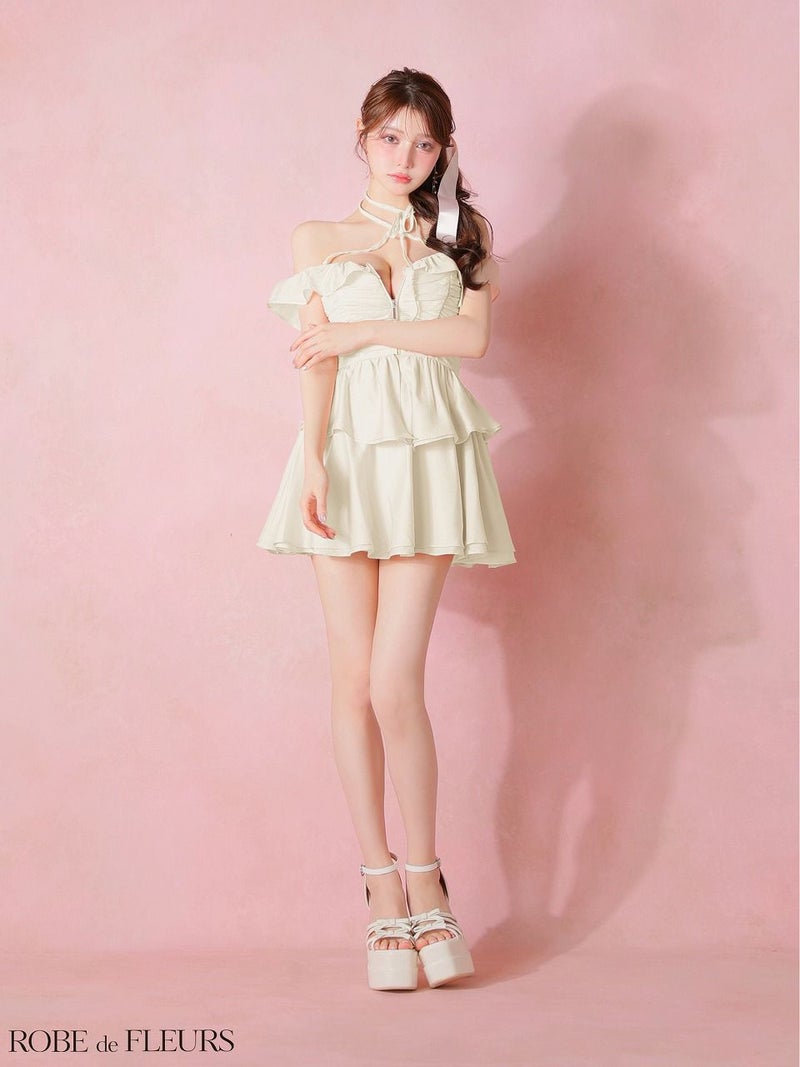 ROBE de FLEURS ローブドフルール 【XSサイズあり】フリルオフショルリボンミニセットアップキャバドレス fm3484