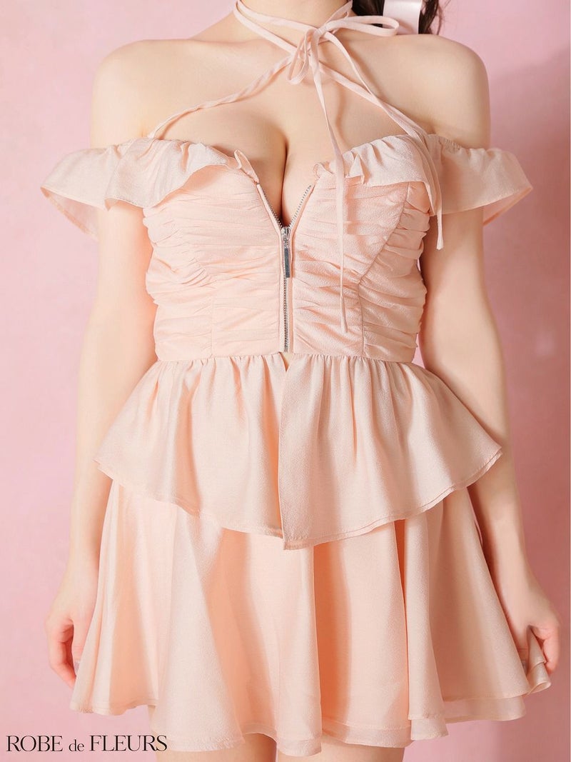 ROBE de FLEURS ローブドフルール 【XSサイズあり】フリルオフショルリボンミニセットアップキャバドレス fm3484