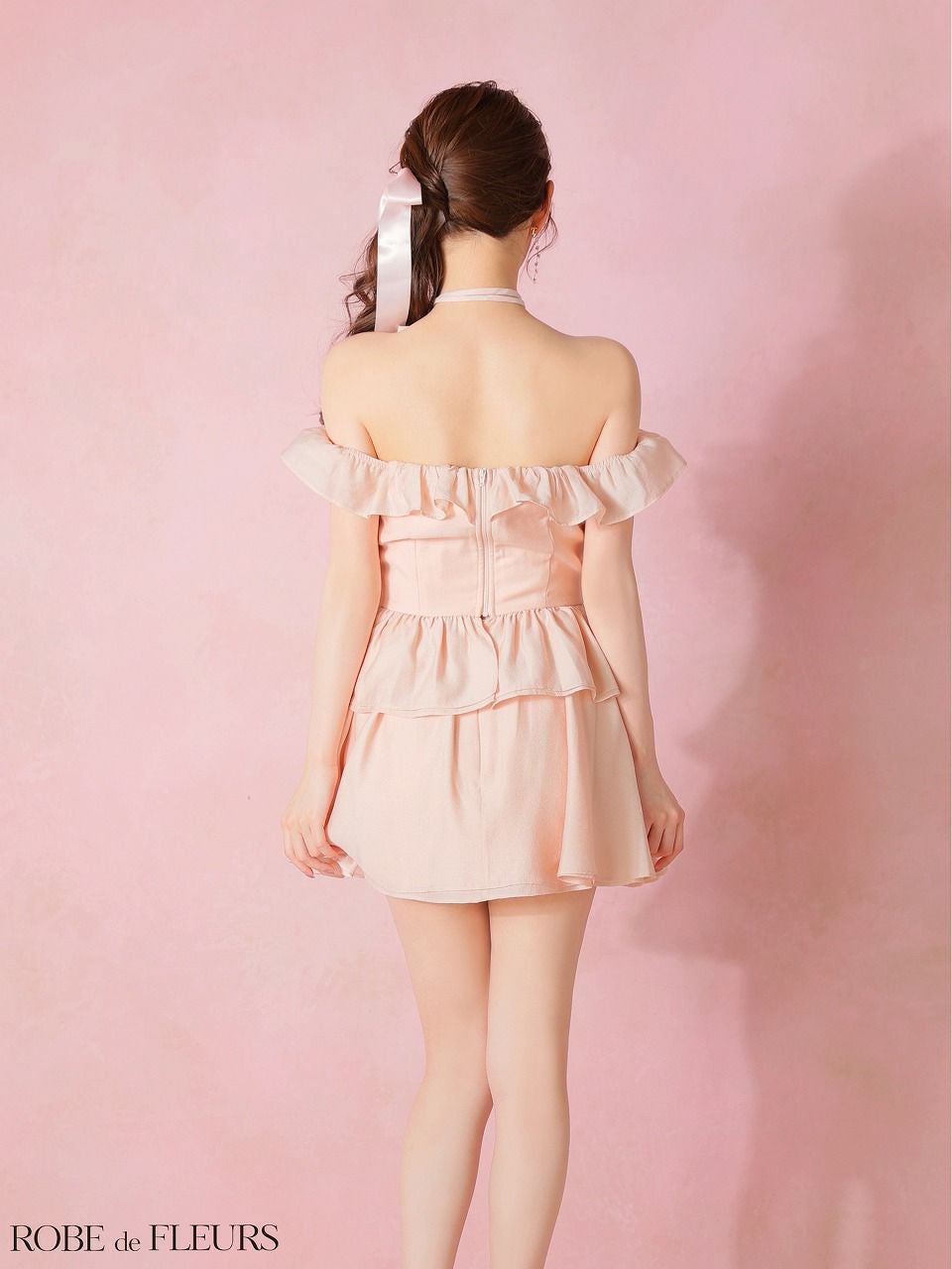 ROBE de FLEURS ローブドフルール 【XSサイズあり】フリルオフショルリボンミニセットアップキャバドレス fm3484
