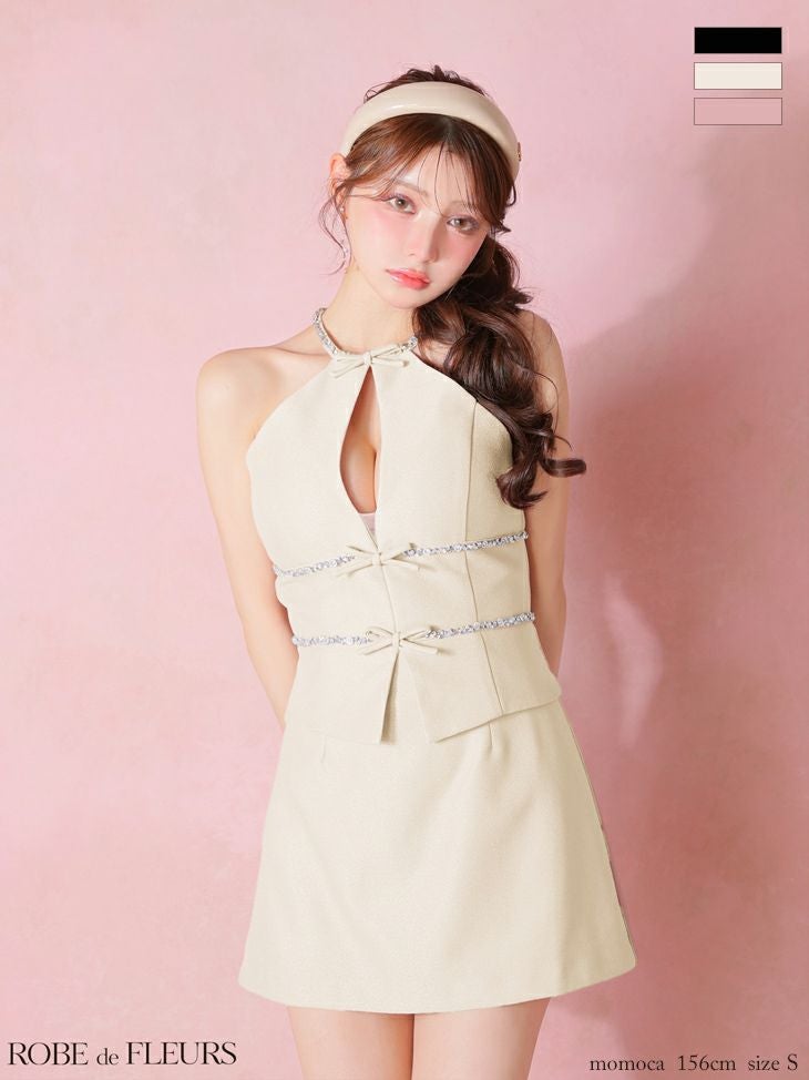 ROBE de FLEURS ローブドフルール 【XSサイズあり】ラメツイルビジューリボンホルターネックセットアップミニキャバドレス fm4343