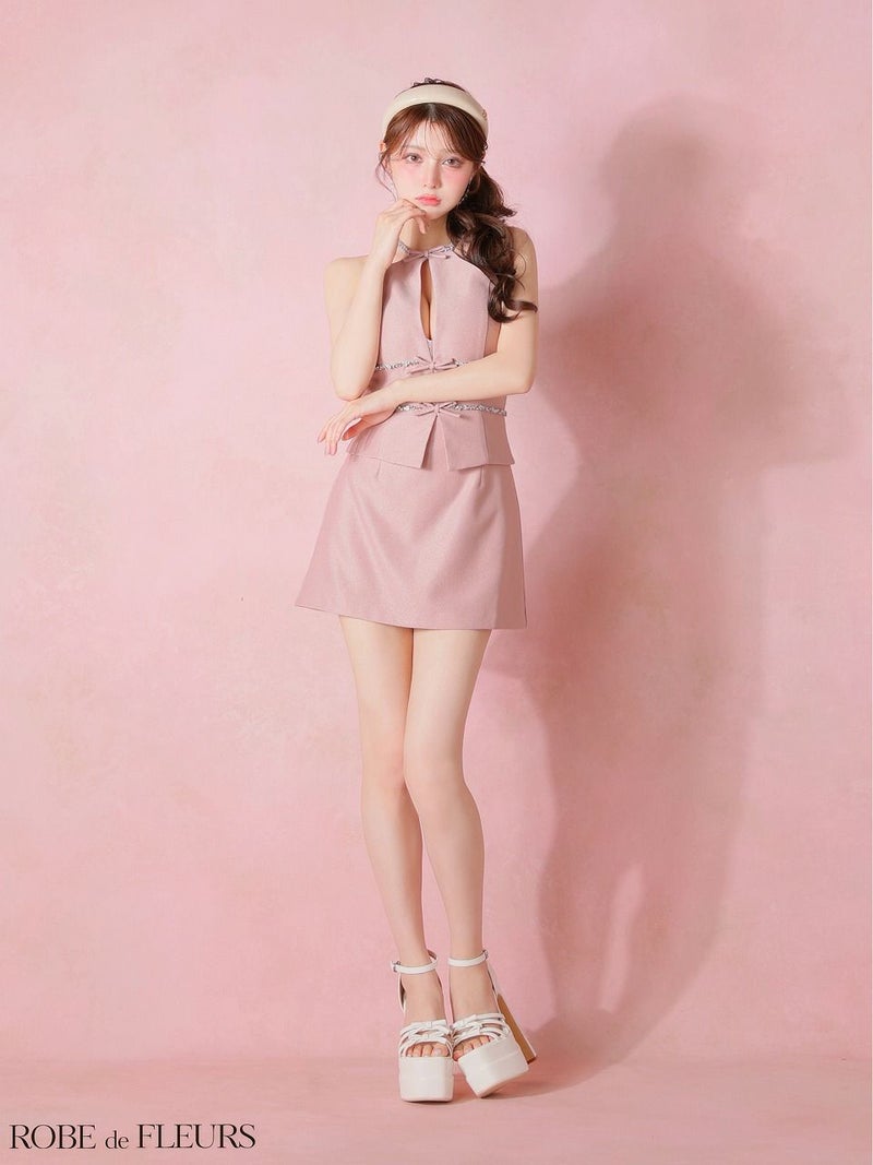 ROBE de FLEURS ローブドフルール 【XSサイズあり】ラメツイルビジューリボンホルターネックセットアップミニキャバドレス fm4343