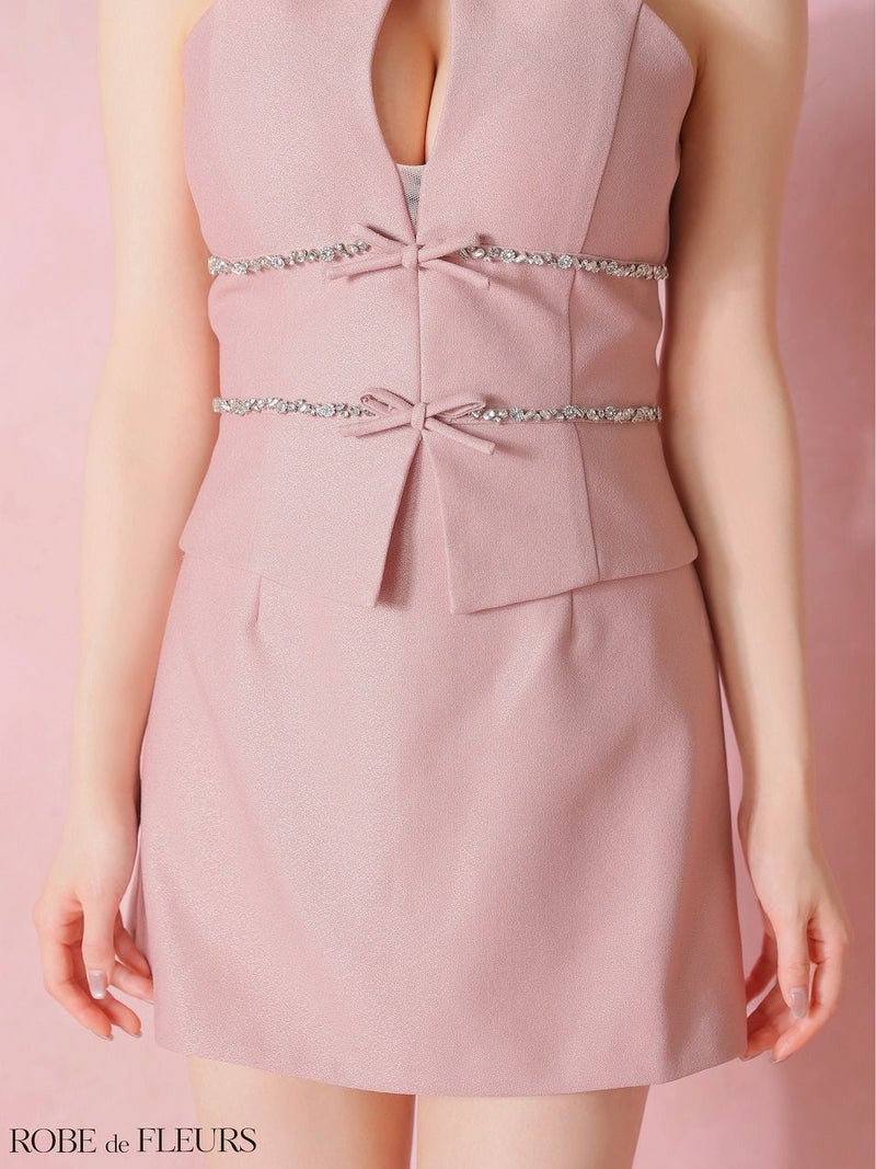 ROBE de FLEURS ローブドフルール 【XSサイズあり】ラメツイルビジューリボンホルターネックセットアップミニキャバドレス fm4343
