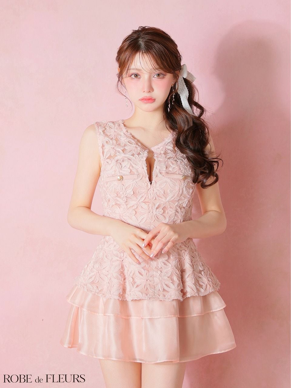 ROBE de FLEURS ローブドフルール 【XSサイズあり】フラワーレースティアードペプラムセットアップミニキャバドレス fm4327