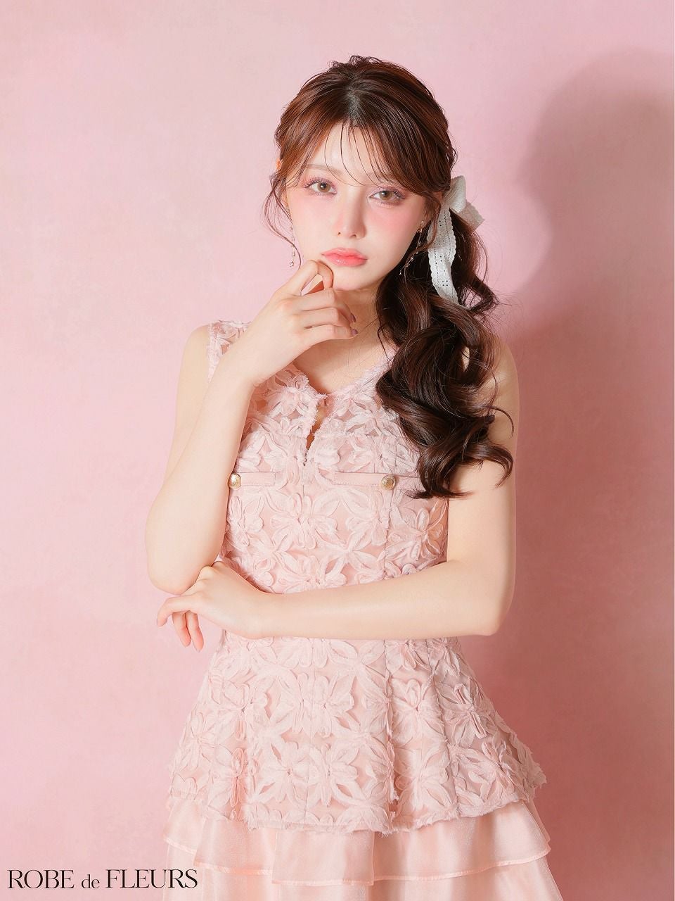 ROBE de FLEURS ローブドフルール 【XSサイズあり】フラワーレースティアードペプラムセットアップミニキャバドレス fm4327