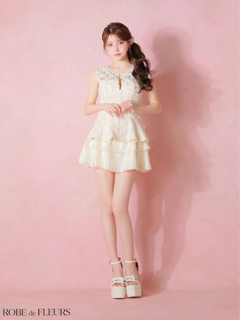 ROBE de FLEURS ローブドフルール 【XSサイズあり】フラワーレースティアードペプラムセットアップミニキャバドレス fm4327