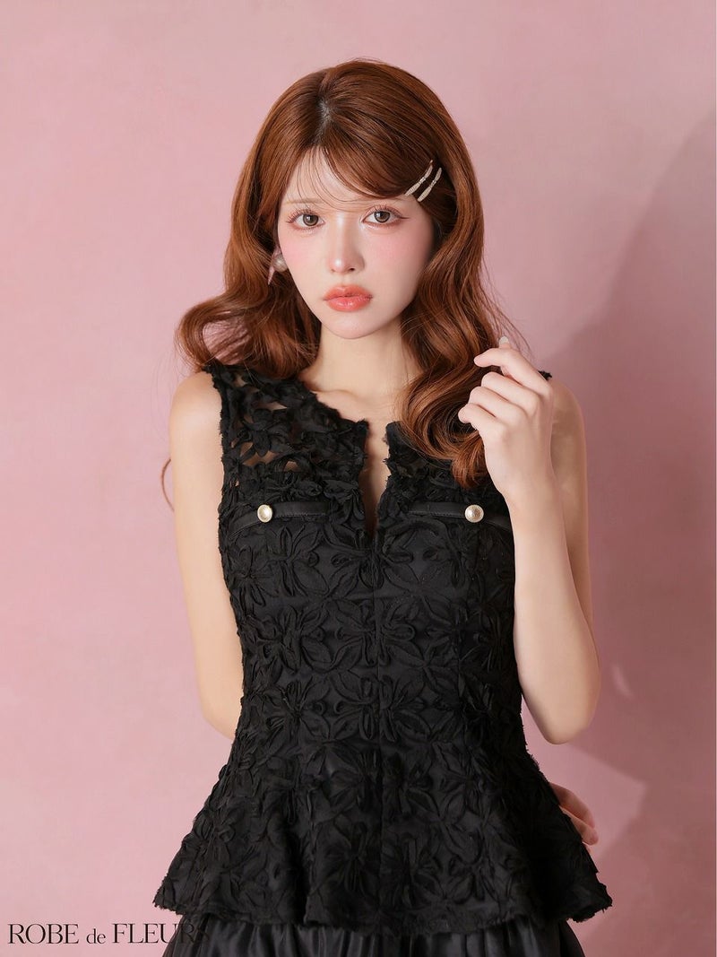 ROBE de FLEURS ローブドフルール 【XSサイズあり】フラワーレースティアードペプラムセットアップミニキャバドレス fm4327