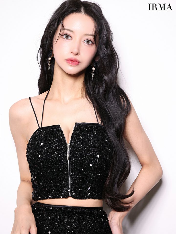 IRMA イルマ スパンコールニット/ダブルショルダー/ホルターネック/セットアップ/タイト ミニドレス ir51981-c