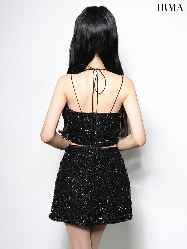 IRMA イルマ スパンコールニット/ダブルショルダー/ホルターネック/セットアップ/タイト ミニドレス ir51981-c