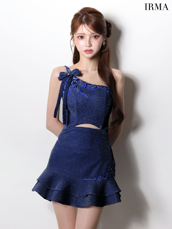 IRMA イルマ ワンショル/リボン/ビジュー/カットアウト/フリル/セミフレア/ミニドレス ir61021-c