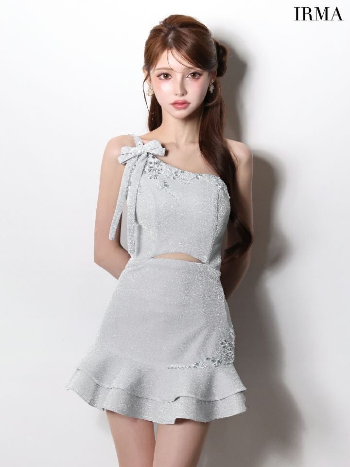 IRMA イルマ ワンショル/リボン/ビジュー/カットアウト/フリル/セミフレア/ミニドレス ir61021-c