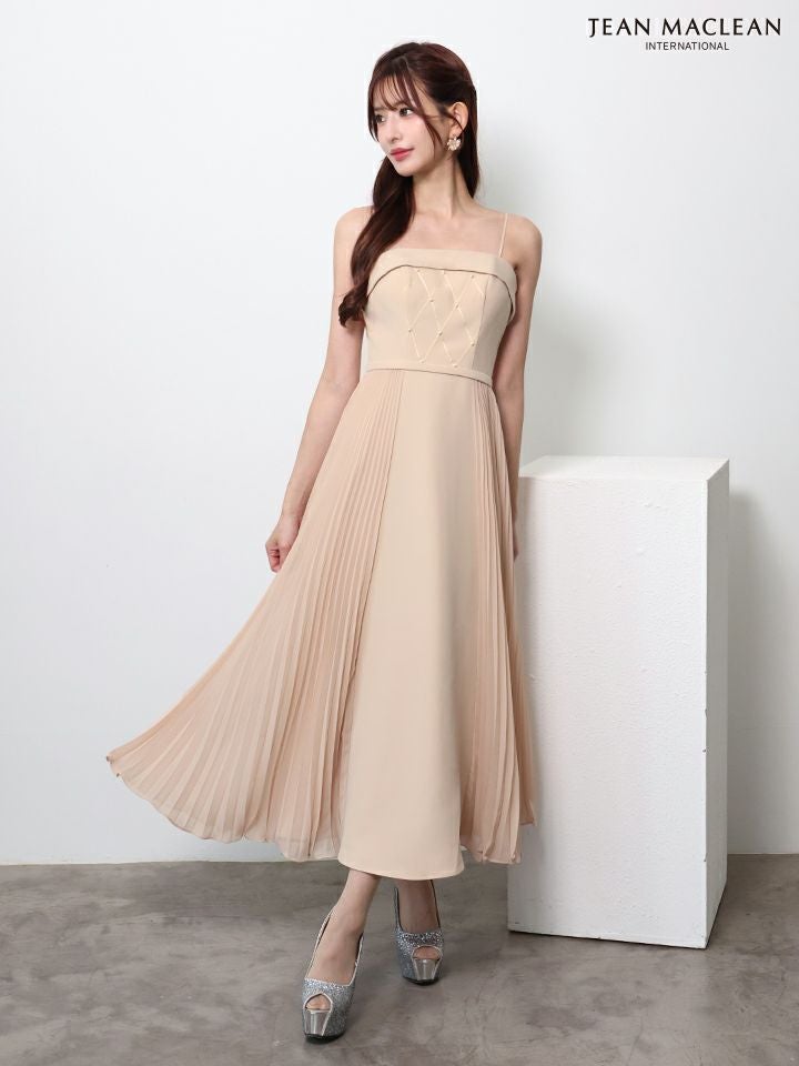 JEAN MACLEAN ジャンマクレーン ワンカラー/キルティング/サイドシフォンプリーツ/ミモレ丈/フレア ミディアムドレス ja51994-c