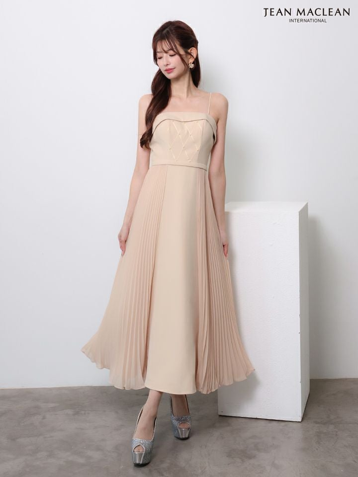 JEAN MACLEAN ジャンマクレーン ワンカラー/キルティング/サイドシフォンプリーツ/ミモレ丈/フレア ミディアムドレス ja51994-c