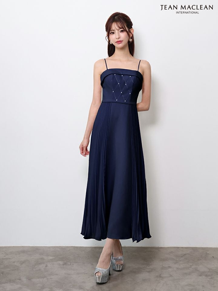 JEAN MACLEAN ジャンマクレーン ワンカラー/キルティング/サイドシフォンプリーツ/ミモレ丈/フレア ミディアムドレス ja51994-c