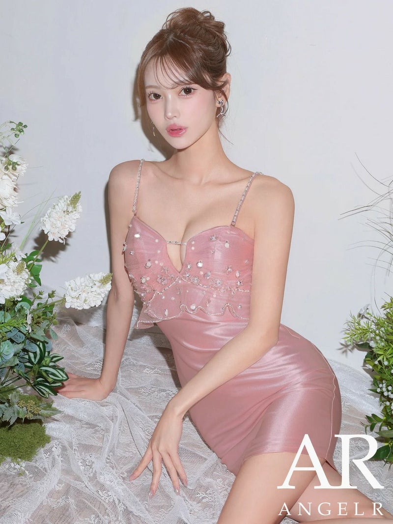 AngelR エンジェルアール Vカットフロントフラワーデザインベアトップ2wayビジューパールフリルタイトミニドレス ar26210