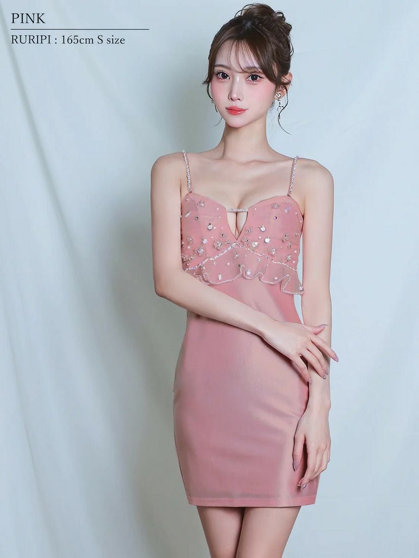 AngelR エンジェルアール Vカットフロントフラワーデザインベアトップ2wayビジューパールフリルタイトミニドレス ar26210