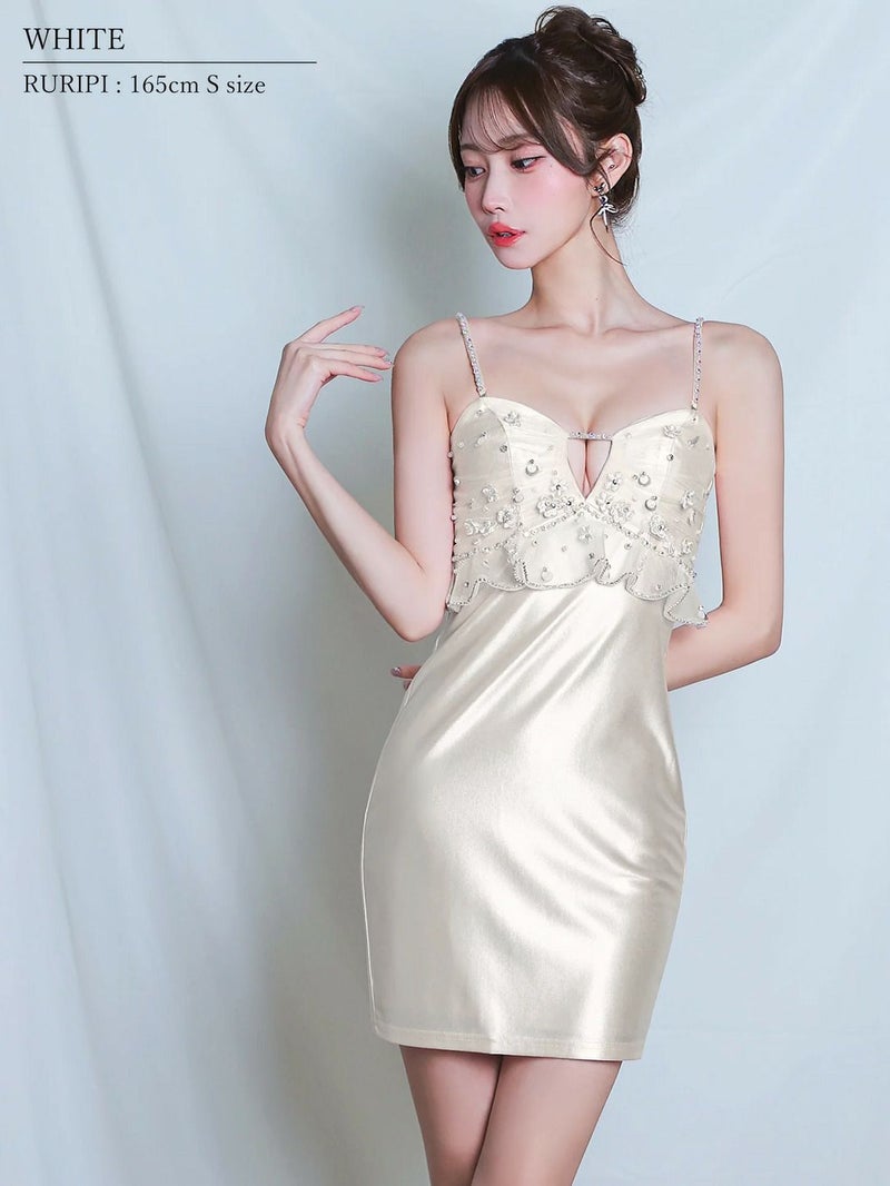 AngelR エンジェルアール Vカットフロントフラワーデザインベアトップ2wayビジューパールフリルタイトミニドレス ar26210