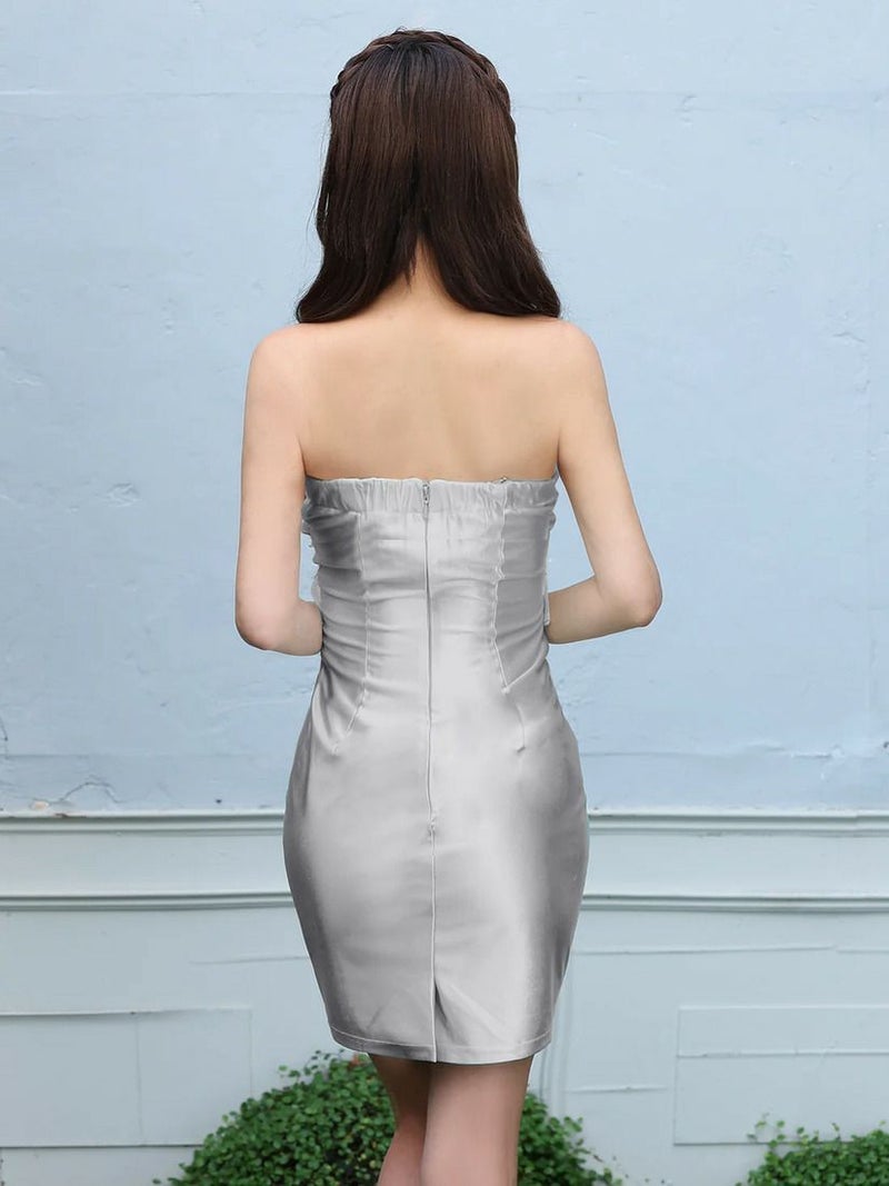 AngelR エンジェルアール Vカットフロントフラワーデザインベアトップ2wayビジューパールフリルタイトミニドレス ar26210