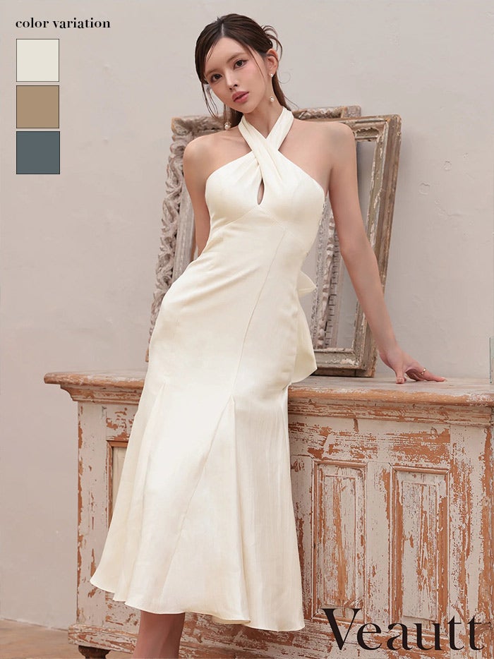 Veautt ヴュート フロントクロスデザインバックオープンリボンマーメードフレアミディアムロングドレス vt082606
