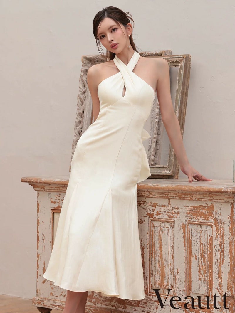 Veautt ヴュート フロントクロスデザインバックオープンリボンマーメードフレアミディアムロングドレス vt082606