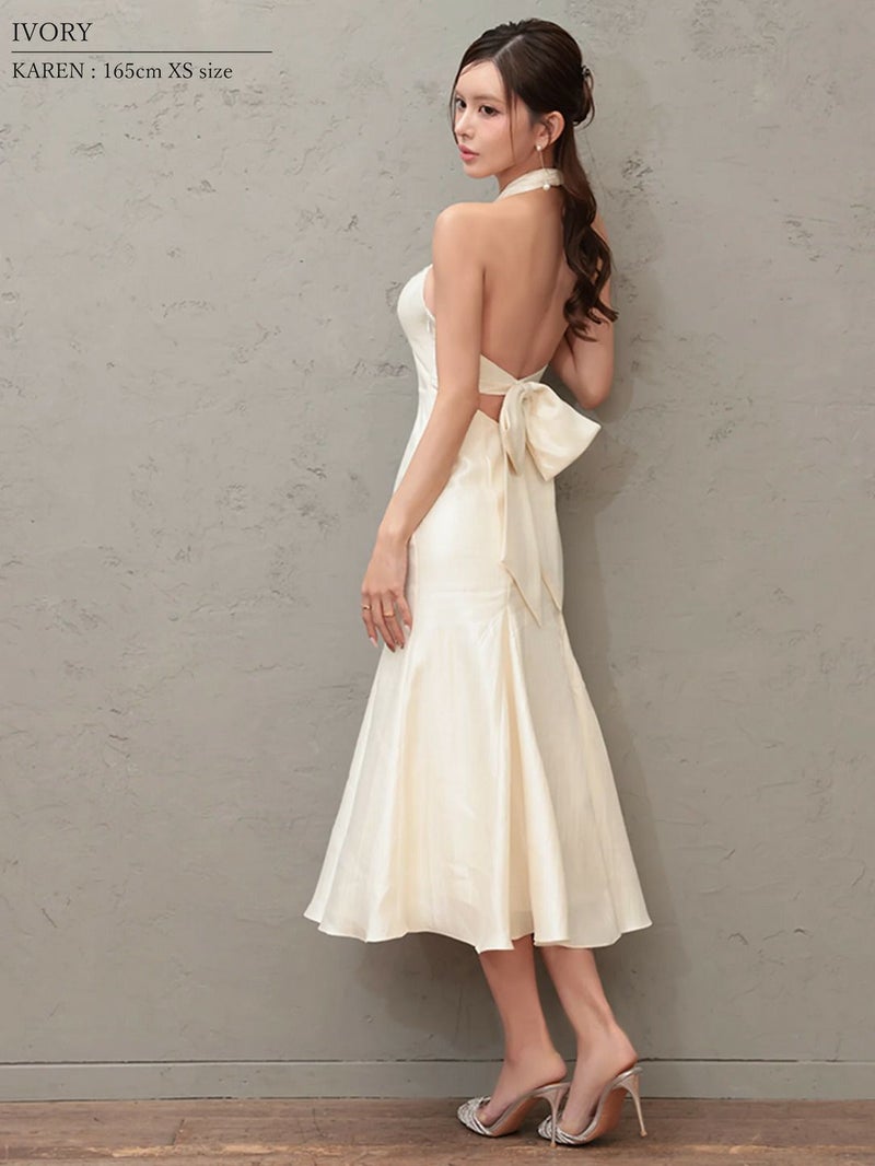 Veautt ヴュート フロントクロスデザインバックオープンリボンマーメードフレアミディアムロングドレス vt082606