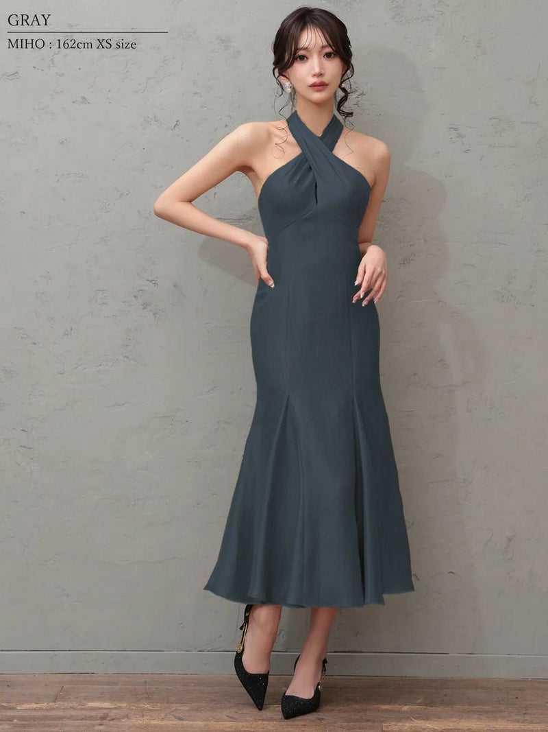 Veautt ヴュート フロントクロスデザインバックオープンリボンマーメードフレアミディアムロングドレス vt082606