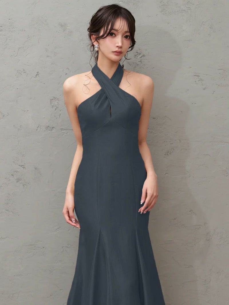 Veautt ヴュート フロントクロスデザインバックオープンリボンマーメードフレアミディアムロングドレス vt082606