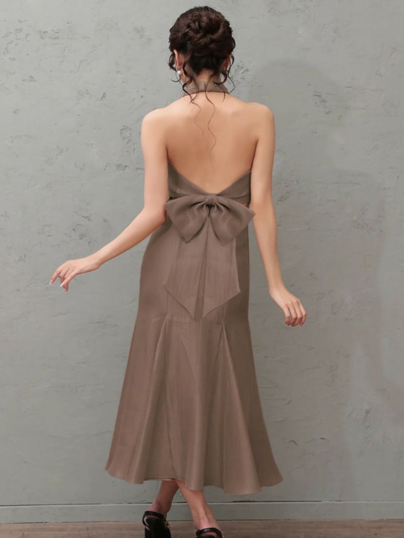 Veautt ヴュート フロントクロスデザインバックオープンリボンマーメードフレアミディアムロングドレス vt082606