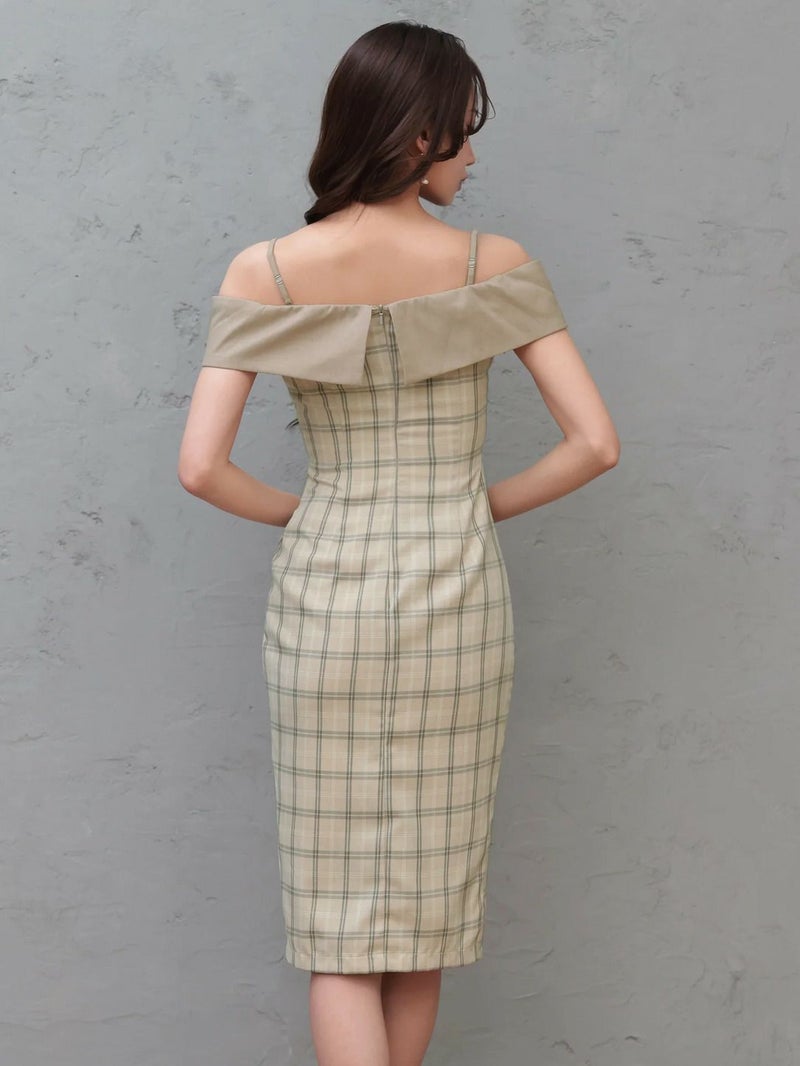 Veautt ヴュート オフショルダーウエストタックチェックバイカラー2wayタイトミディアムドレス vt032602-ks