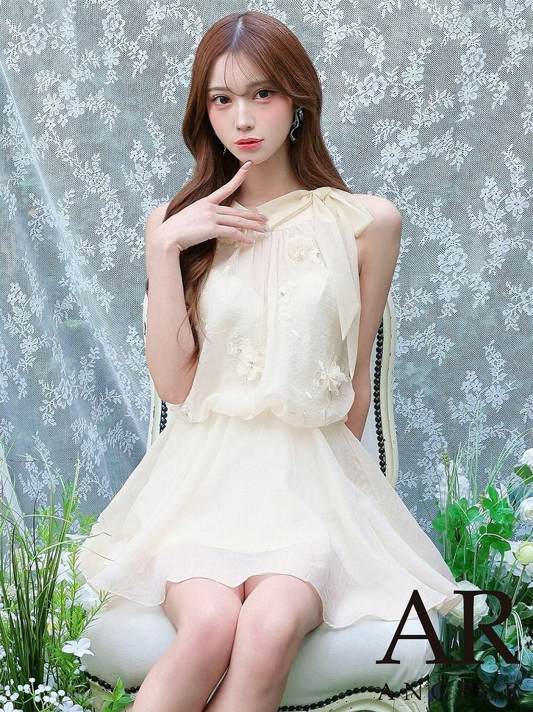 AngelR エンジェルアール ネックリボンフラワーシフォンフレアマイクロミニドレス ar26810-ks
