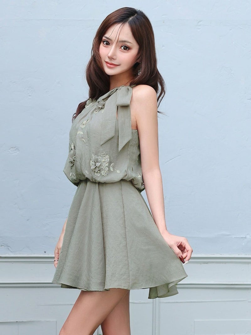 AngelR エンジェルアール ネックリボンフラワーシフォンフレアマイクロミニドレス ar26810-ks