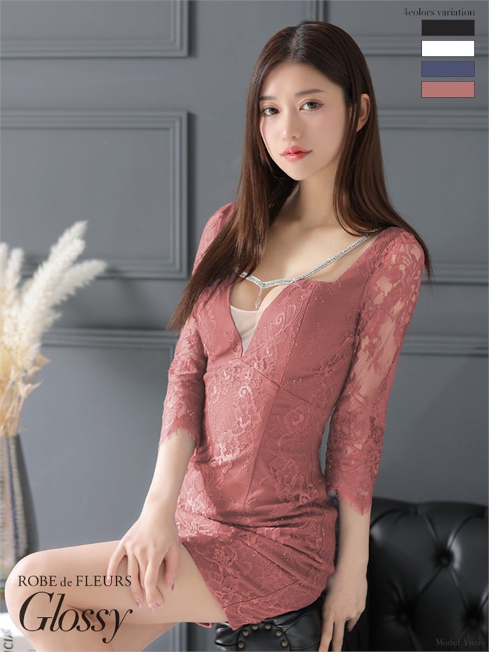 【ROBE de FLEURS SALE】Glossy ローブドフルールグロッシー 【XSサイズあり】【ストレッチあり】バストビジュー×レース袖ありタイトミニキャバドレス gl2826-s26