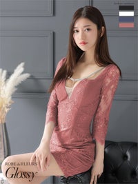【ROBE de FLEURS SALE】Glossy ローブドフルールグロッシー 【XSサイズあり】【ストレッチあり】バストビジュー×レース袖ありタイトミニキャバドレス gl2826-s26