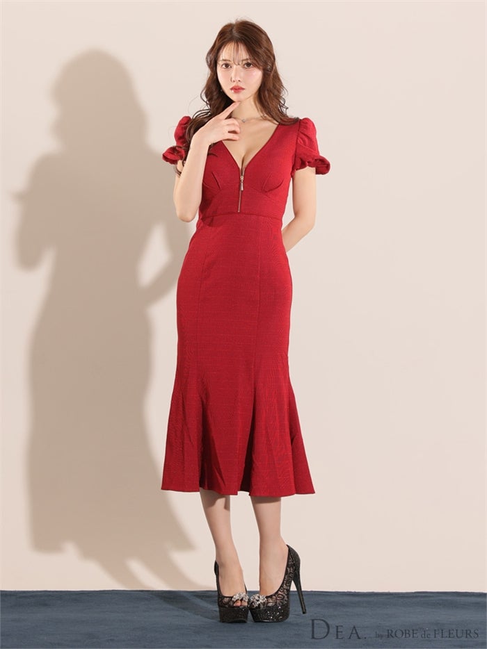 【ROBE de FLEURS SALE】DEA. ディア バイ ローブドフルール フロントジッパーパフスリーブロングキャバドレス de2888-s26
