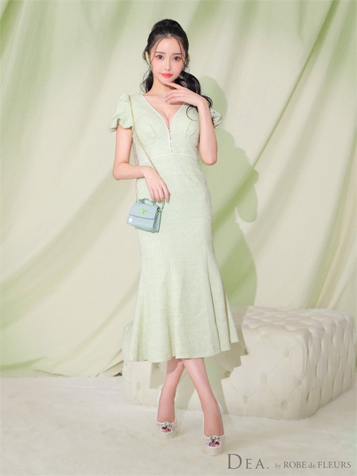 【ROBE de FLEURS SALE】DEA. ディア バイ ローブドフルール フロントジッパーパフスリーブロングキャバドレス de2888-s26