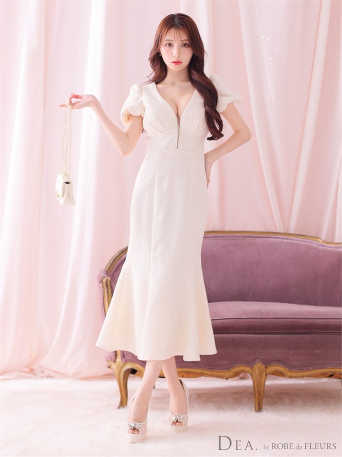 【ROBE de FLEURS SALE】DEA. ディア バイ ローブドフルール フロントジッパーパフスリーブロングキャバドレス de2888-s26